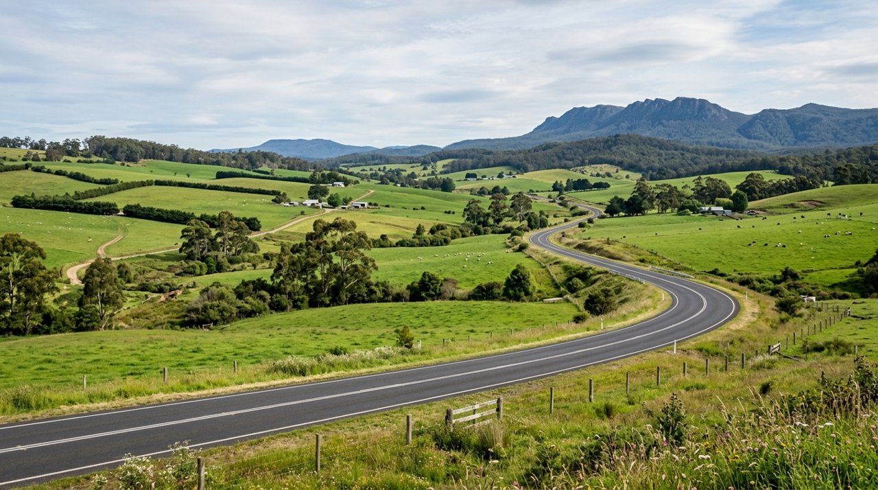 the Bass Highway winding through green farmland near Latrobe in North-West Tasmania, wide shot, no people