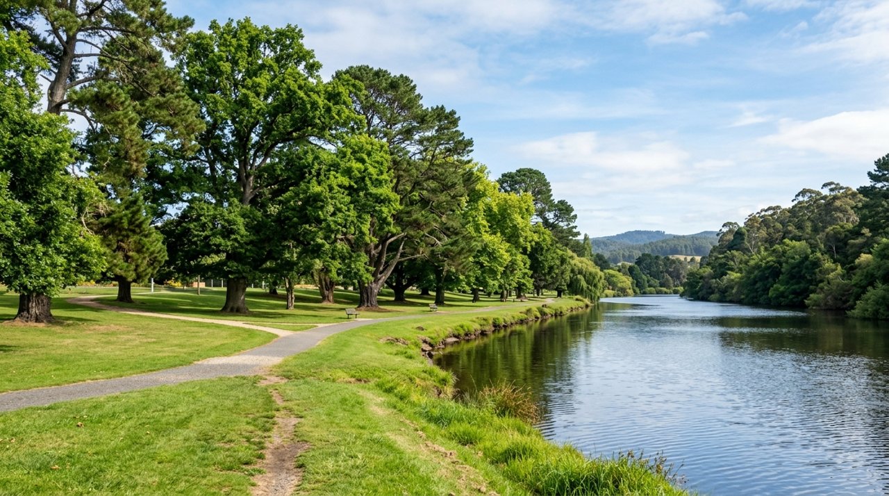 the Bells Parade riverside parkland on the Mersey River at Latrobe, Tasmania, tall old trees and lawns on a sunny day