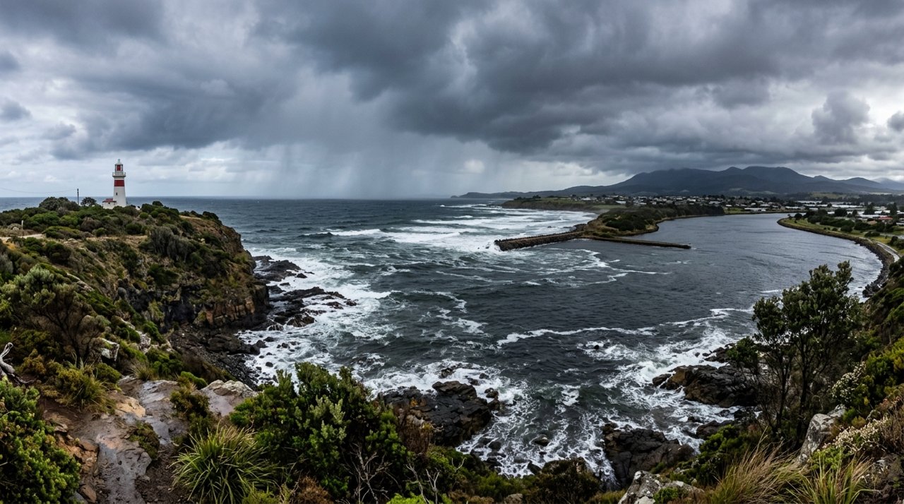 the mouth of the Mersey River meeting Bass Strait near Devonport, Tasmania, under a dramatic rainy sky
