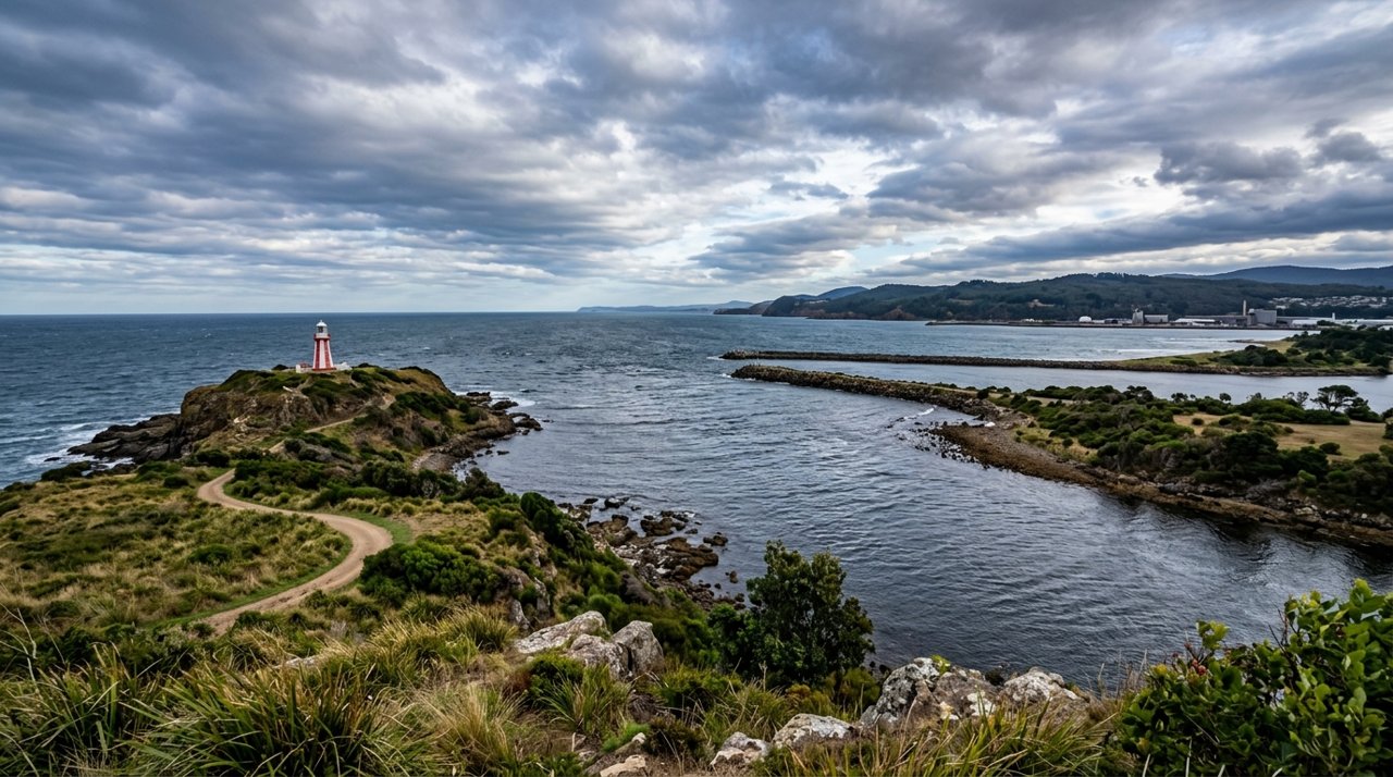the mouth of the Mersey River meeting Bass Strait near Devonport, Tasmania, under a dramatic sky
