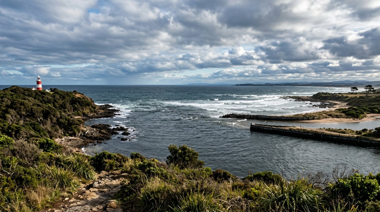 the mouth of the Mersey River meeting Bass Strait near Devonport, Tasmania, under a dramatic sky