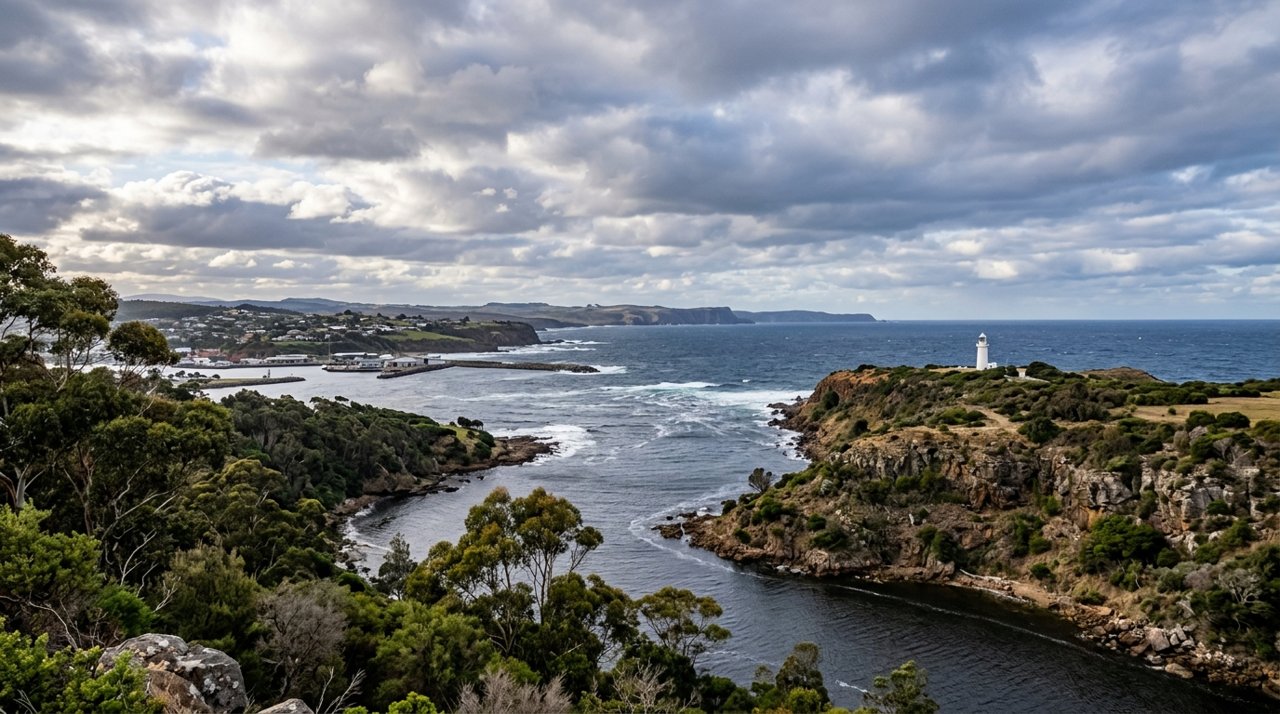 the mouth of the Mersey River meeting Bass Strait near Devonport, Tasmania, under a dramatic sky