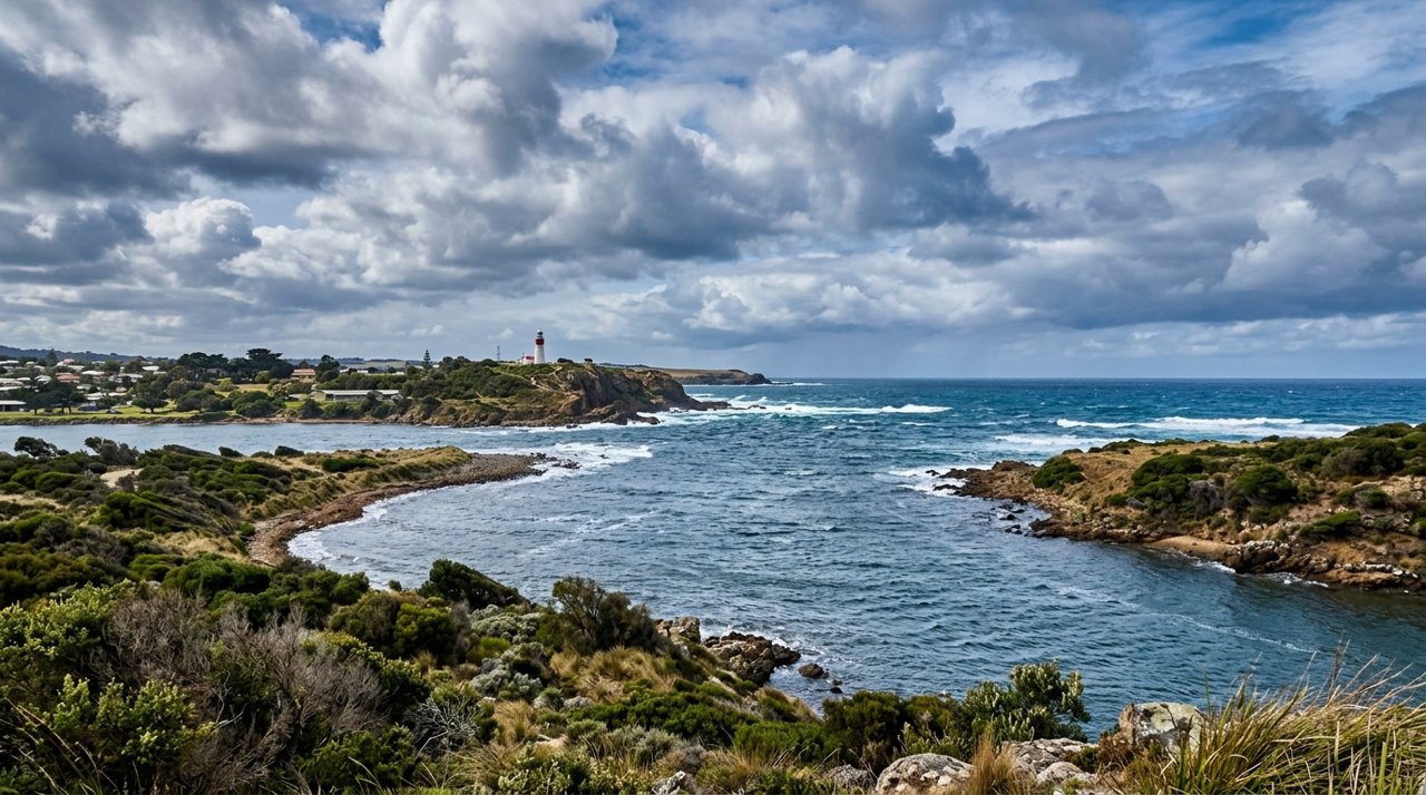 the mouth of the Mersey River meeting Bass Strait near Devonport, Tasmania, under a dramatic sky