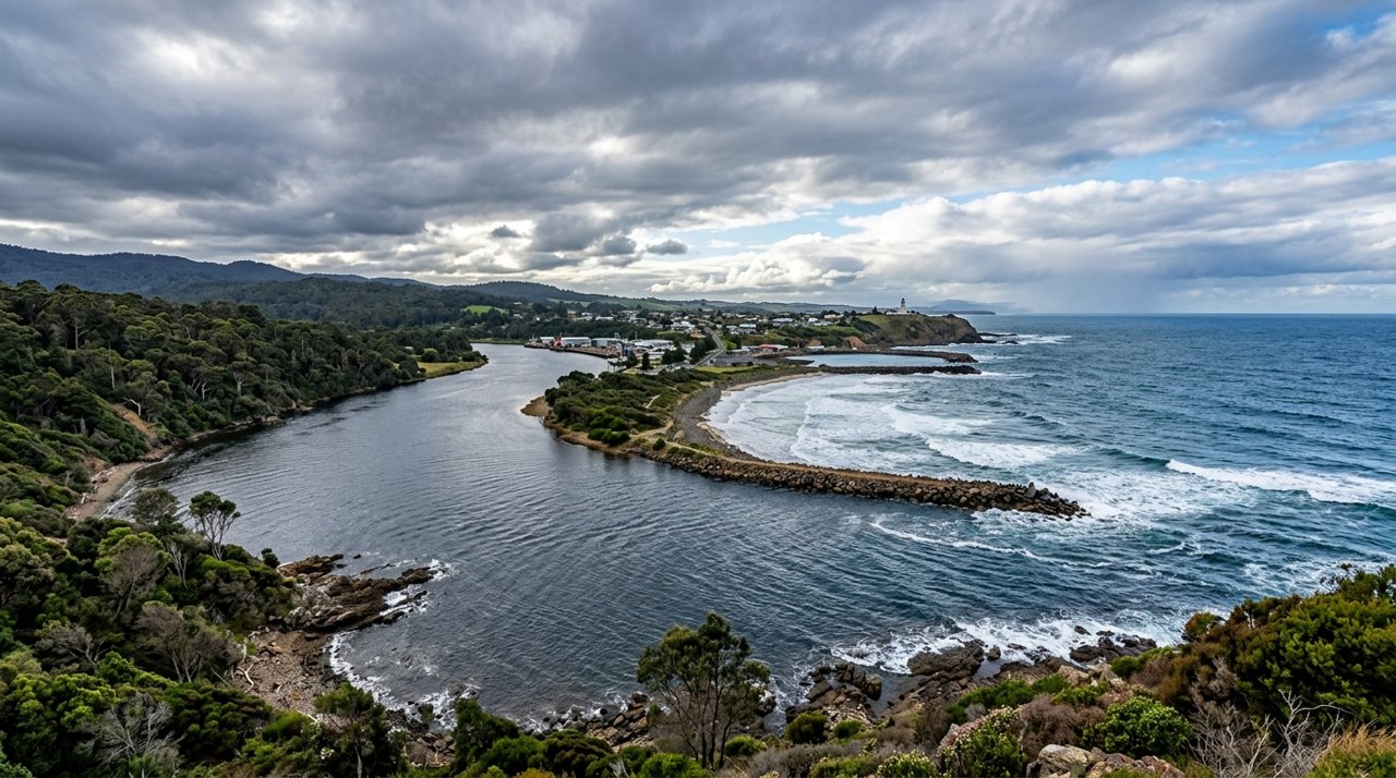 the mouth of the Mersey River meeting Bass Strait near Devonport, Tasmania, under a dramatic sky