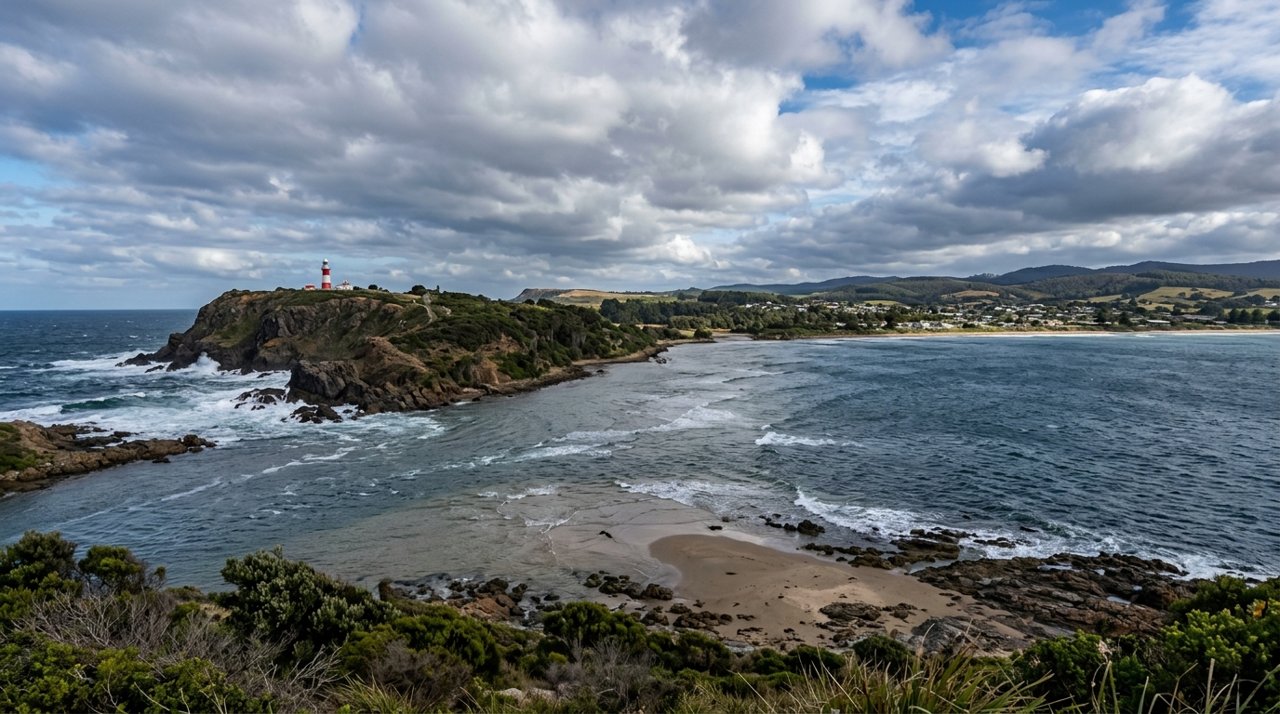 the mouth of the Mersey River meeting Bass Strait near Devonport, Tasmania, under a dramatic sky