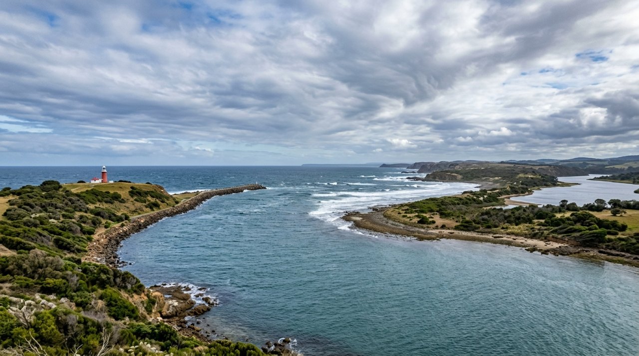 the mouth of the Mersey River meeting Bass Strait near Devonport, Tasmania, under a dramatic sky