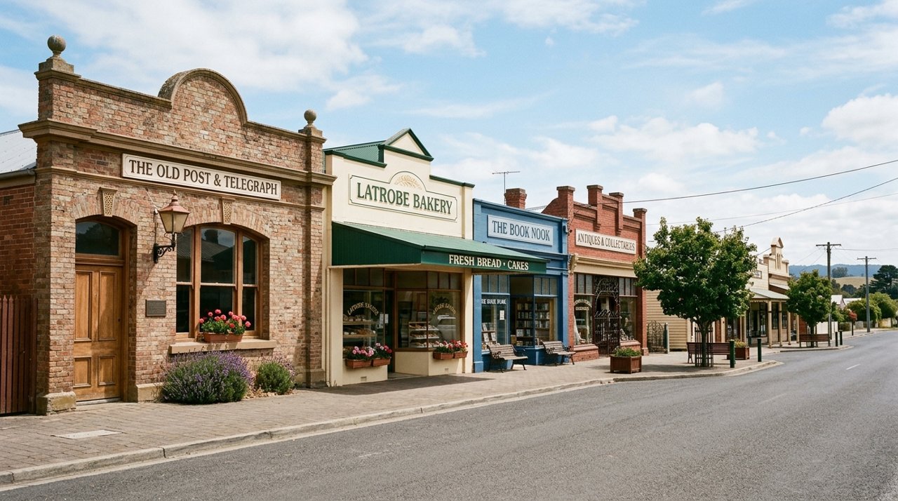 a quiet row of country-town shopfronts on the main street of Latrobe, Tasmania, daytime, no identifiable people