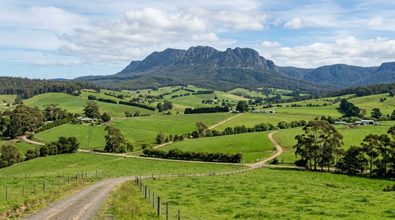 rolling green farmland in the Mersey Valley of North-West Tasmania with Mount Roland on the horizon