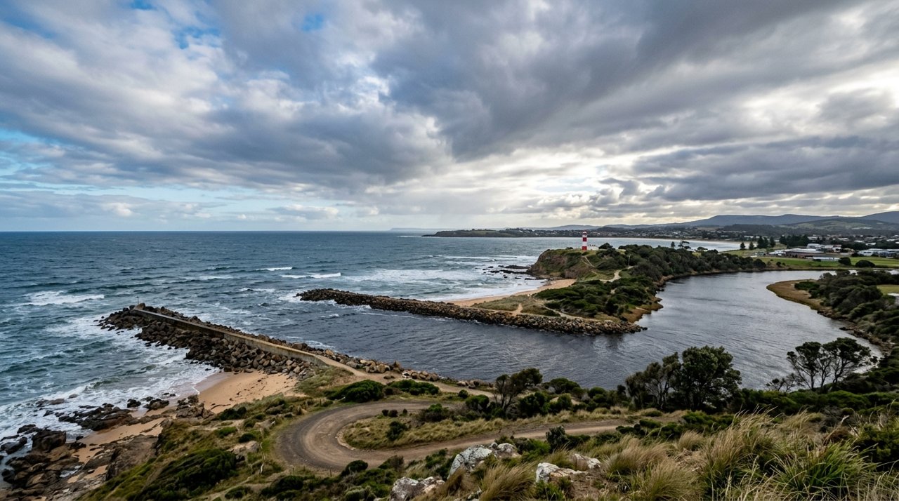 the mouth of the Mersey River meeting Bass Strait near Devonport, Tasmania, under a dramatic sky