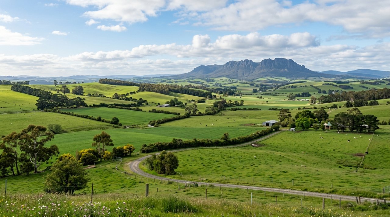 rolling green farmland in the Mersey Valley of North-West Tasmania with Mount Roland on the horizon