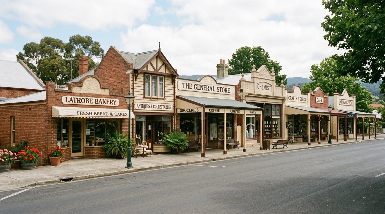 a quiet row of country-town shopfronts on the main street of Latrobe, Tasmania, daytime, no identifiable people