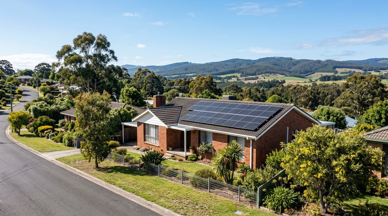 rooftop solar panels on a suburban Tasmanian brick home under a clear sky, North-West Tasmania, daytime, no identifiable people