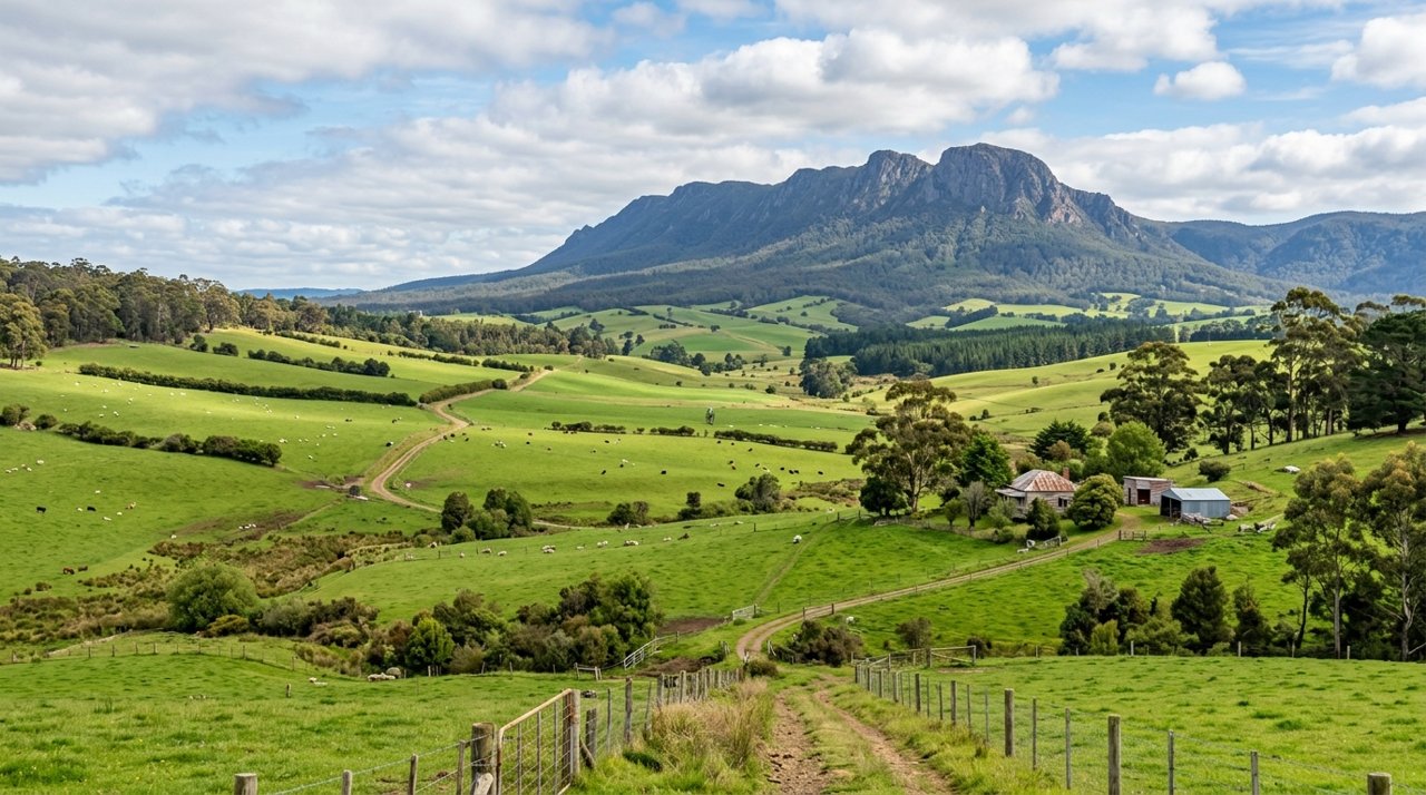 rolling green farmland in the Mersey Valley of North-West Tasmania with Mount Roland on the horizon