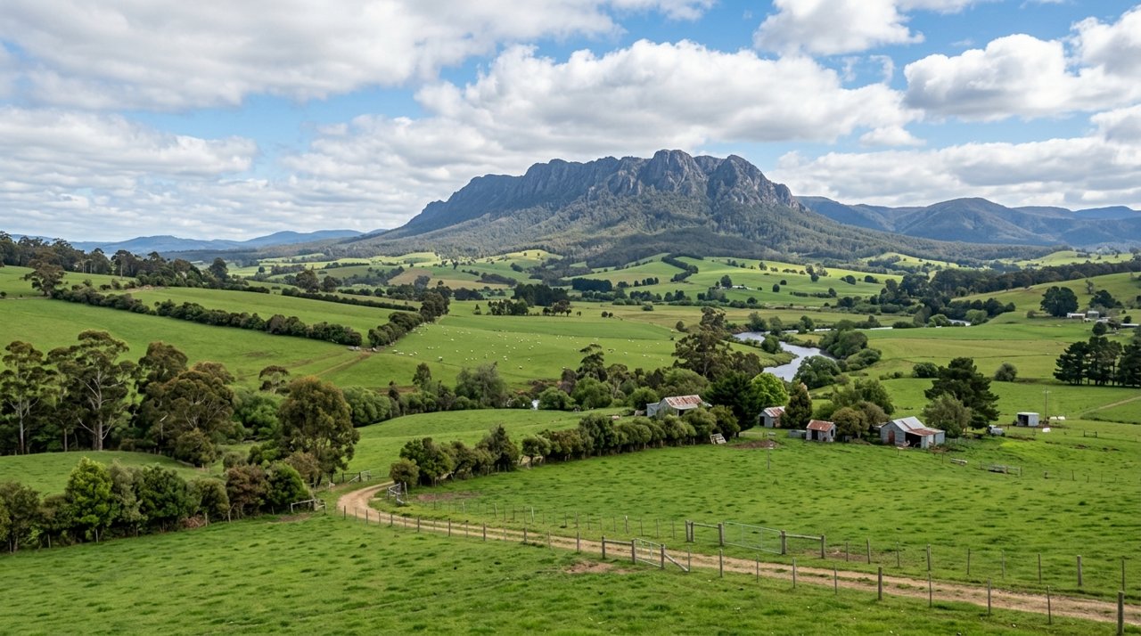 rolling green farmland in the Mersey Valley of North-West Tasmania with Mount Roland on the horizon
