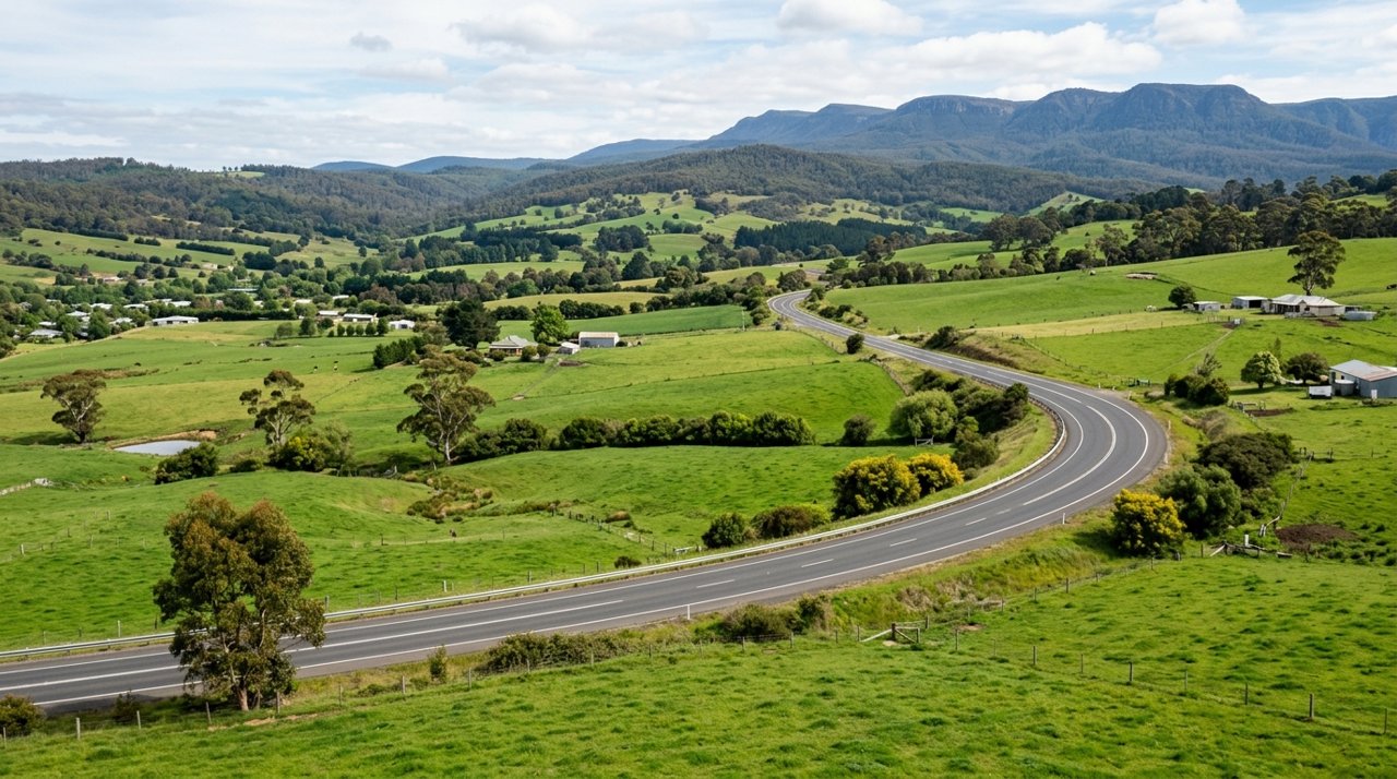 the Bass Highway winding through green farmland near Latrobe in North-West Tasmania, wide shot, no people