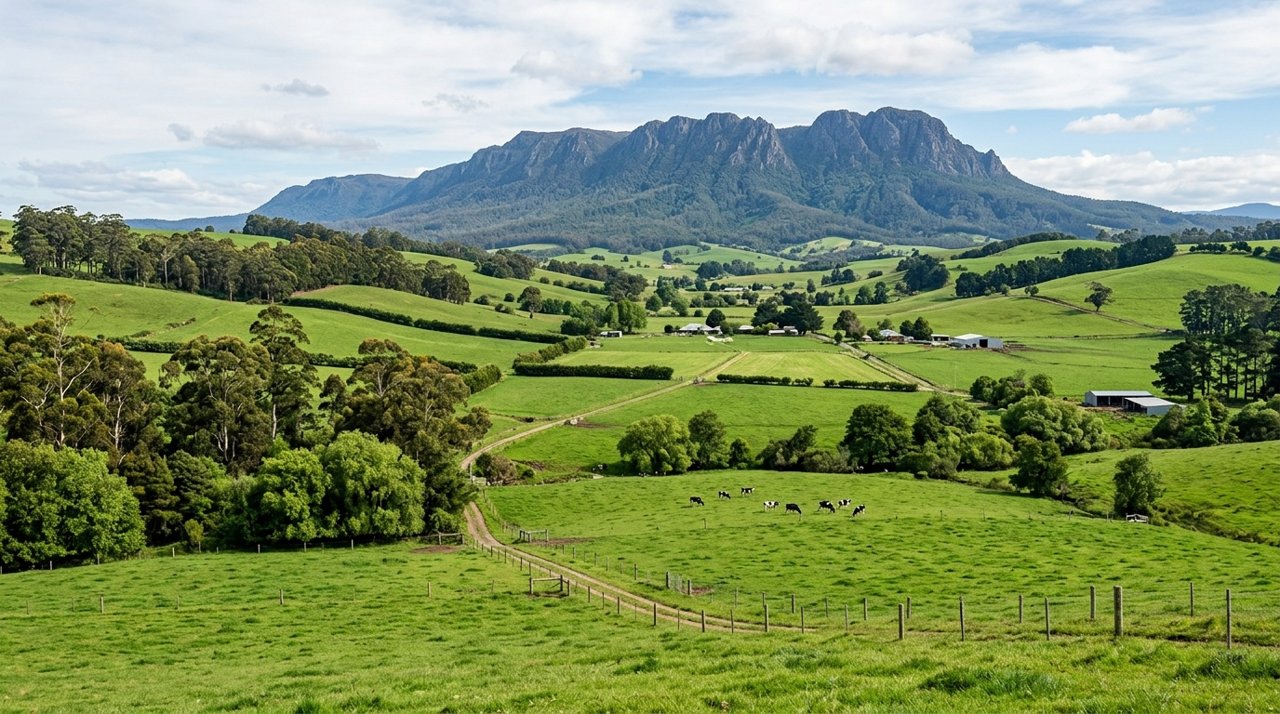 rolling green farmland in the Mersey Valley of North-West Tasmania with Mount Roland on the horizon