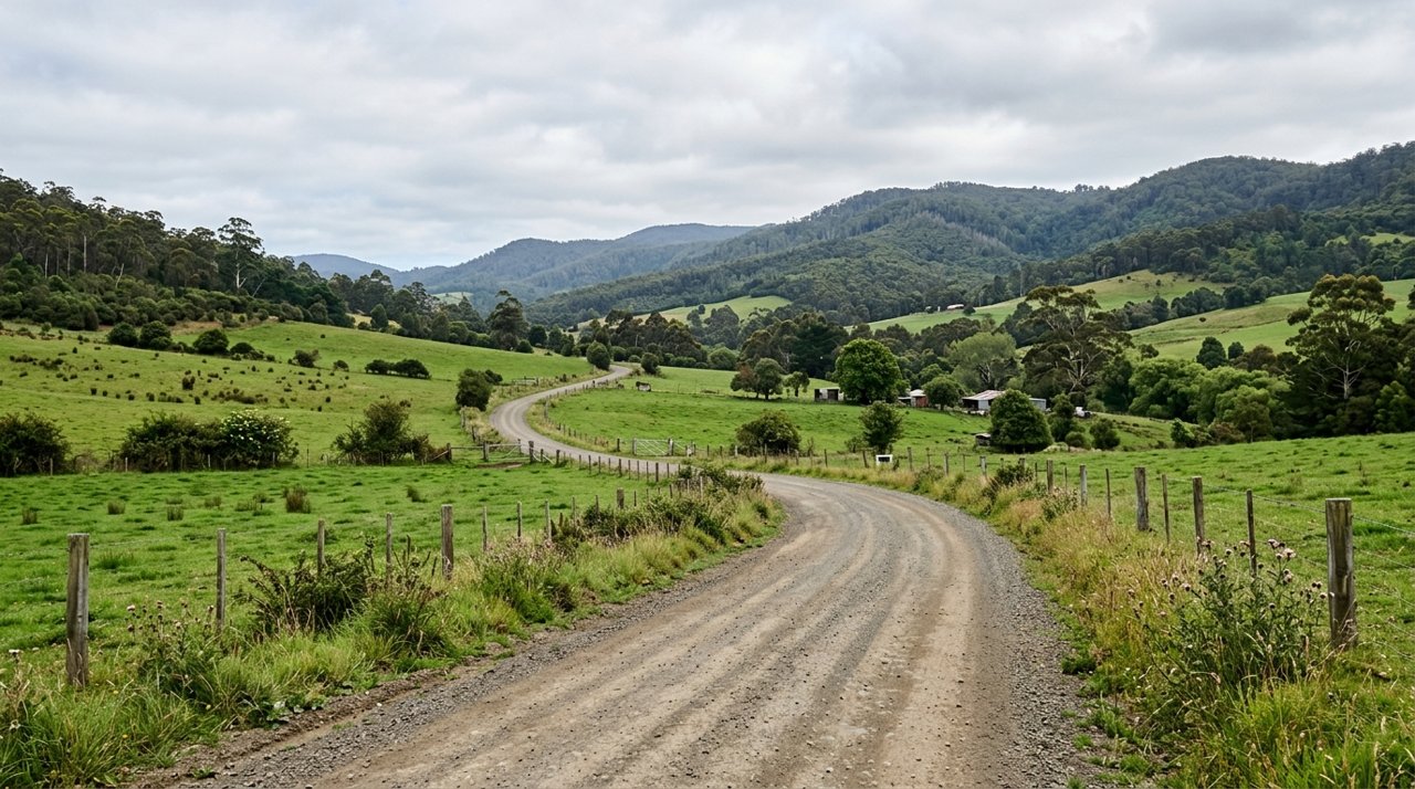 a quiet rural Tasmanian country road near Latrobe with paddocks and hills, overcast light, no people, no vehicles