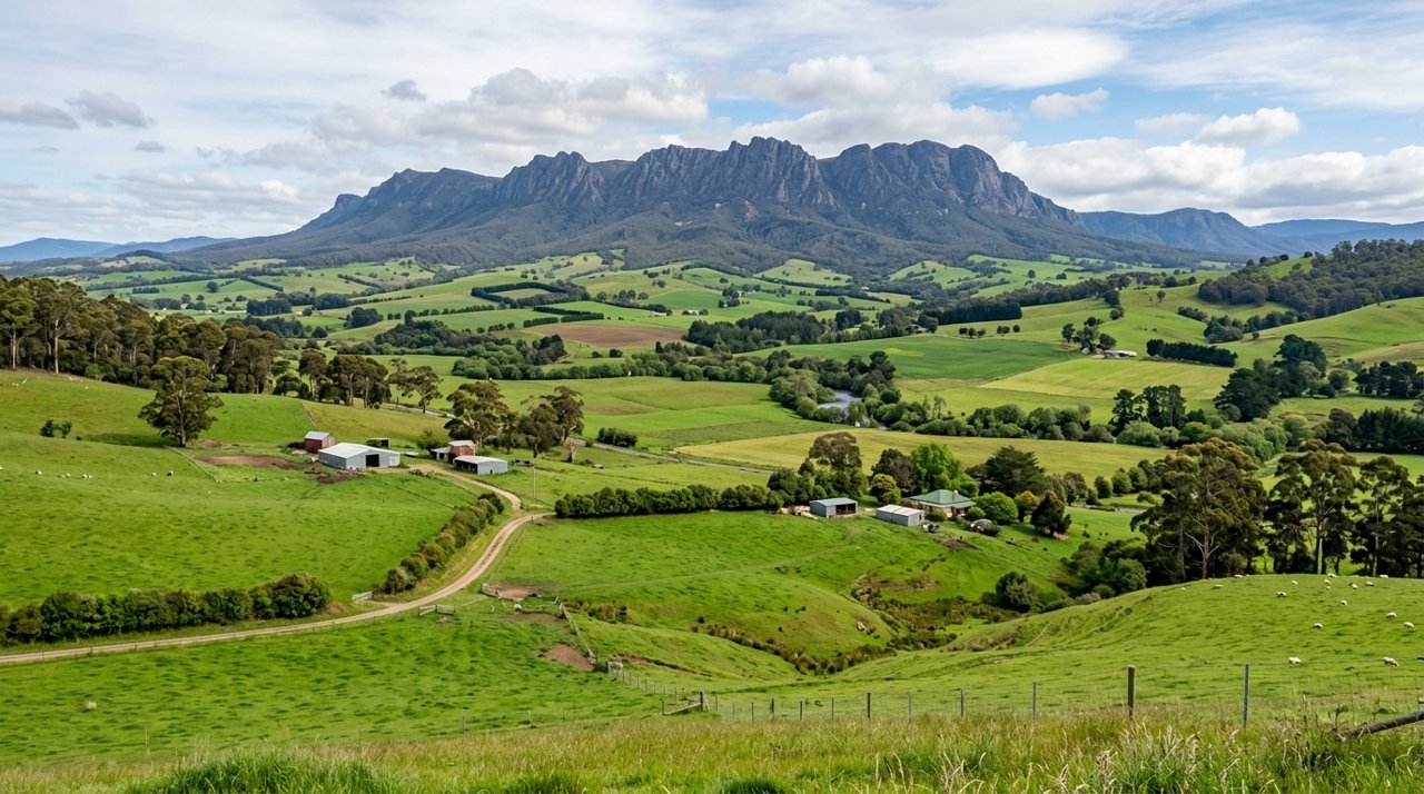 rolling green farmland in the Mersey Valley of North-West Tasmania with Mount Roland on the horizon