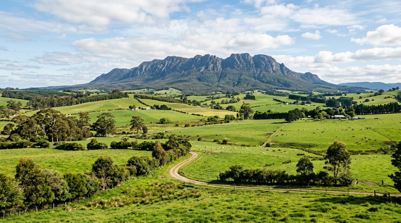 rolling green farmland in the Mersey Valley of North-West Tasmania with Mount Roland on the horizon